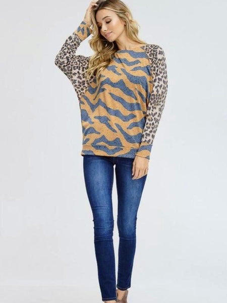 Brown Tiger Print Knit Top Featuring Round Neck And Cheetah Raglan Sleeve