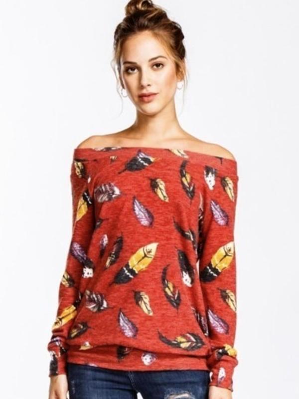 Red Feather Off Shoulder Long Sleeve Top