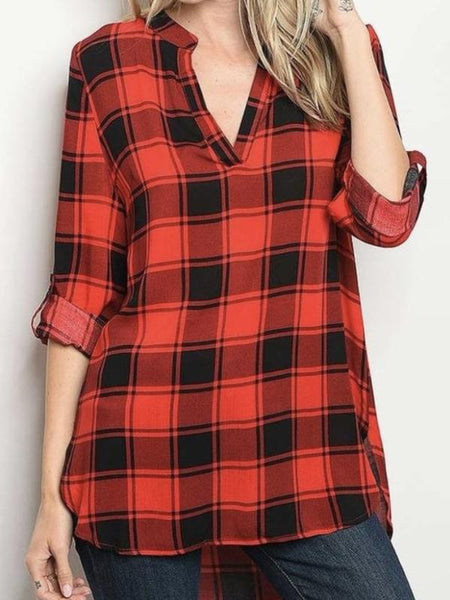 Red/Black V Neck Relaxed Fit Roll Up Sleeve Hi Lo Plaid Top