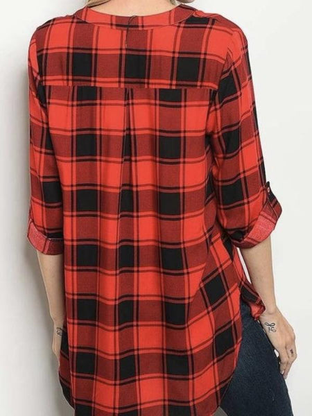 Red/Black V Neck Relaxed Fit Roll Up Sleeve Hi Lo Plaid Top