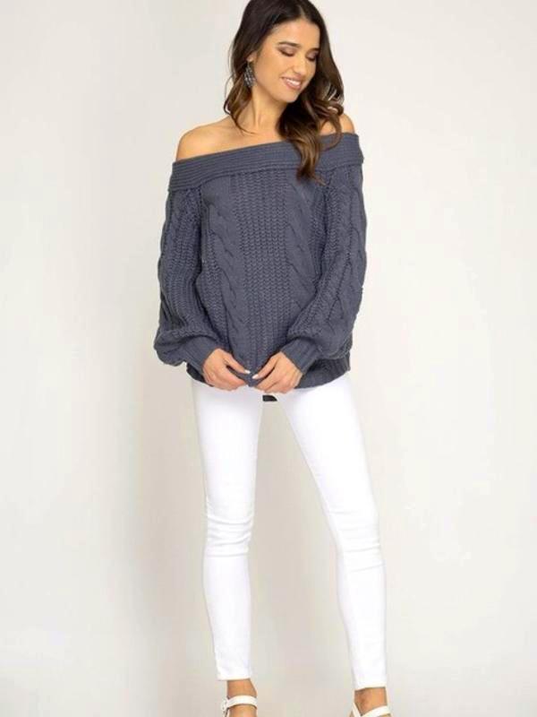 Grey Long Sleeve Off The Shoulder Sweater