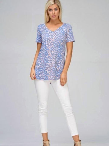 Rust/Denim Short Sleeve V-Neck Cheetah Print Top