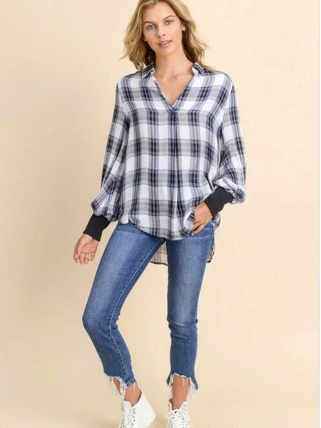 Black/Ivory Plaid Knit Trimmed Sleeve Top
