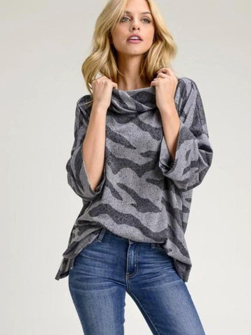 Charcoal Animal Print, French Terry, 3/4 Sleeve, Slouchy Turtle Neck Top