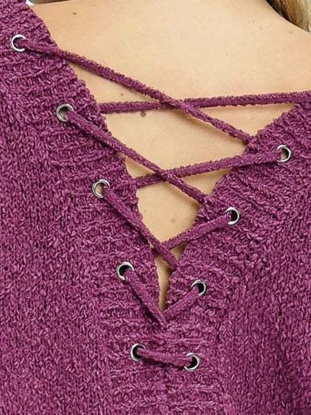 Purple Lace-Up Back Sweater Top