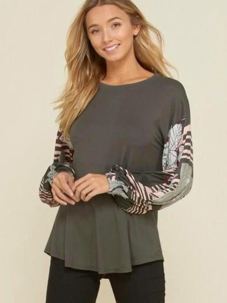 Olive Solid Knit Top With Floral Print Bubble Long Sleeve