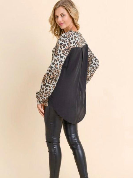 Leopard Bubble Sleeve Sweater With Woven Solid Black Back