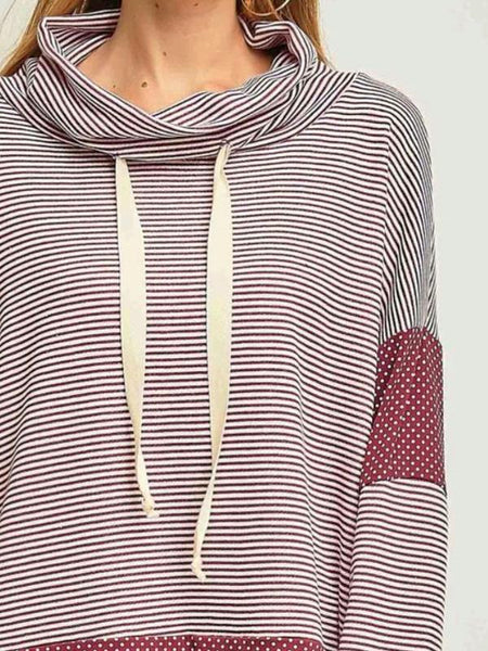 Burgundy Striped & Polka-Dot Cowl Neck Top with Drawstring