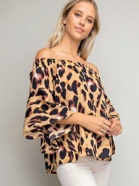 Leopard Print Off-Shoulder Flounce Top