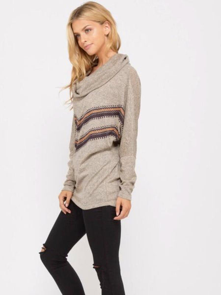 Taupe Long Sleeve Cowl Neck Tunic Top