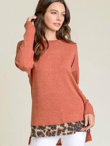 Rust Long Sleeve Brushed Hacci Leopard Top with Round Neckline