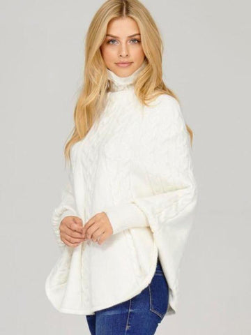 Ivory Cable Knit Mock Neck Poncho